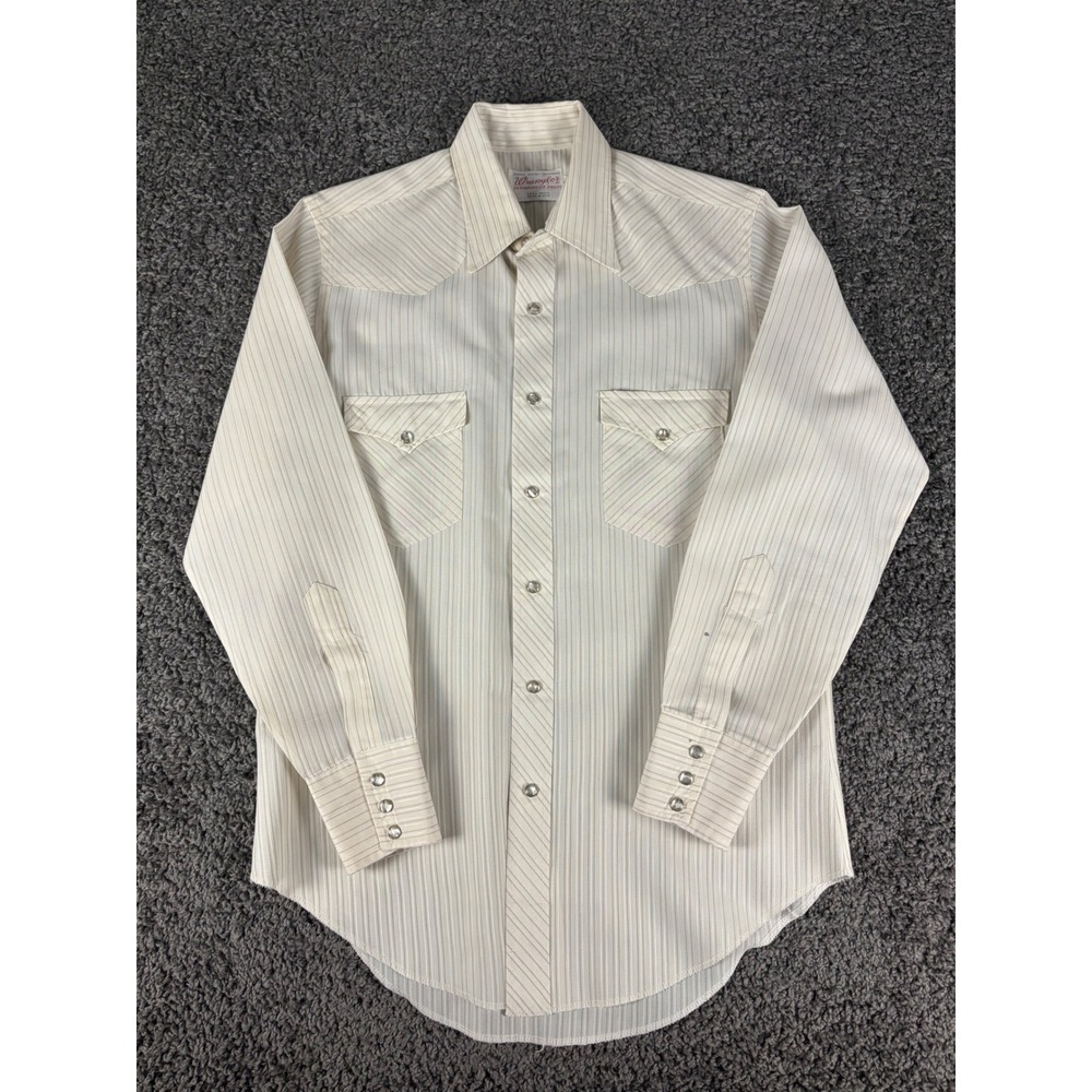 Vintage 70s Wrangler Western Pearl Snap Pinstripe Shirt Cream Tan Made in USA